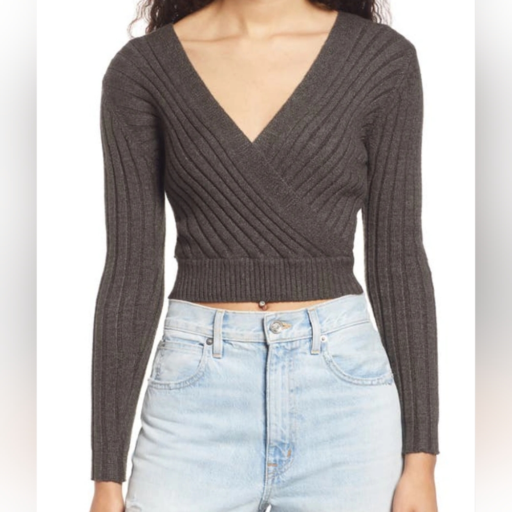 Cali Be Ribbed Wrap Front Sweater On Dark Charcoal Size Medium NWOT - Picture 2 of 8